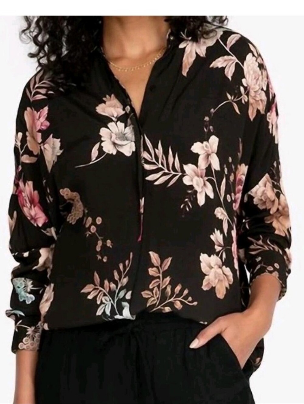 Johnny Was Taos Floral Button Down Shirt Size XL Black Boho Chic Relaxed